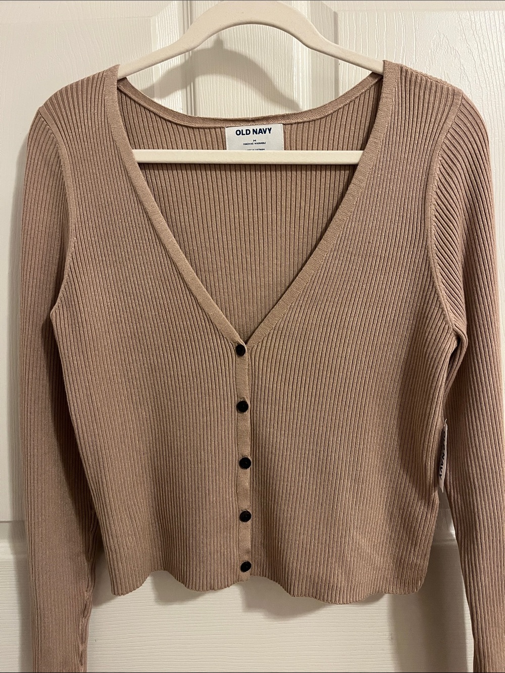Old Navy Ribbed V-Neck Button Front Top in Taupe